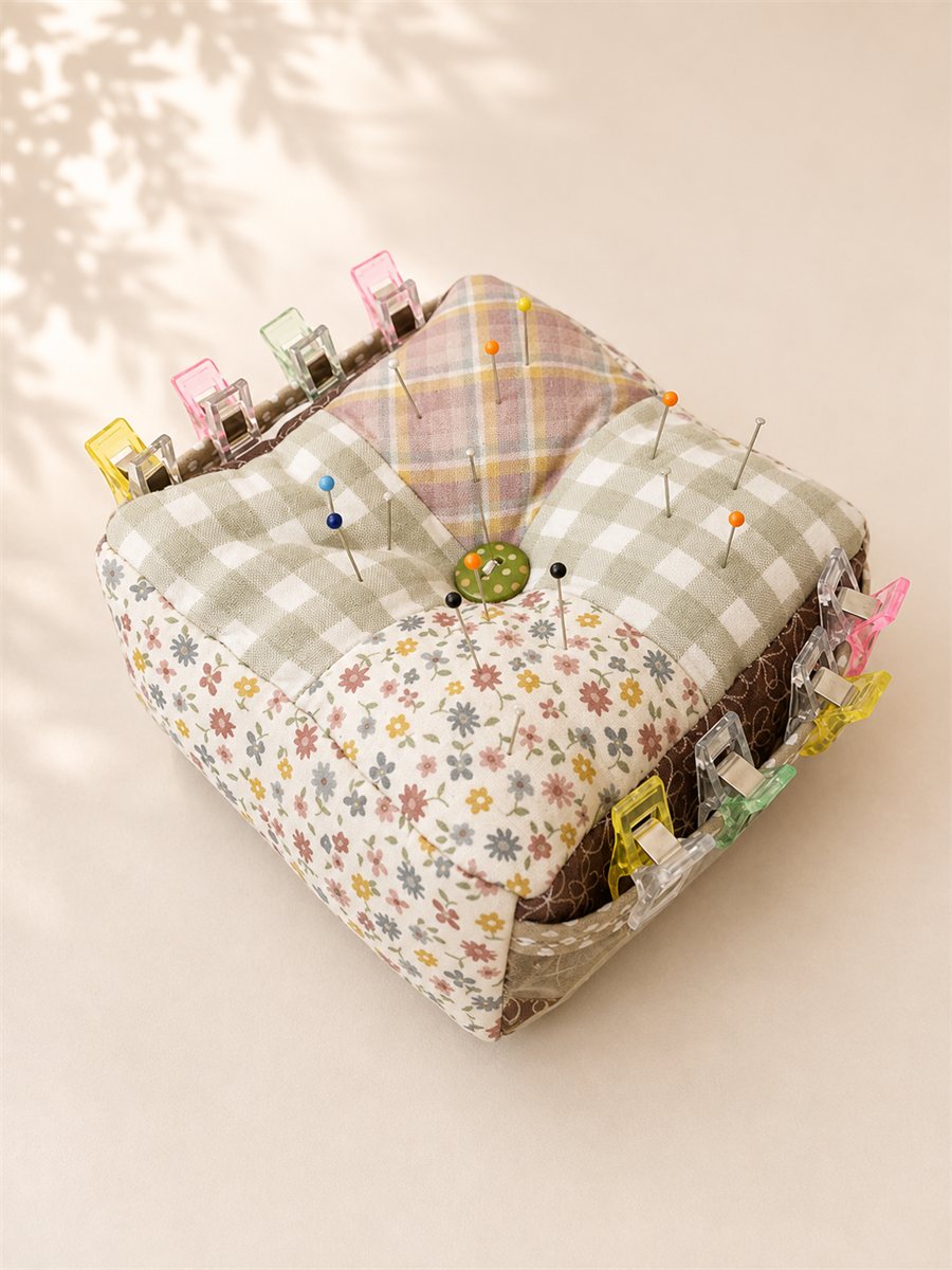 Alfiletero de patchwork con pinzas y alfileres