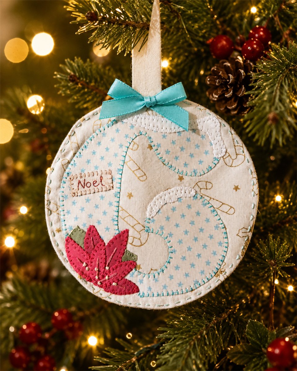 Bola de Navidad de patchwork personalizada con flor de Pascua