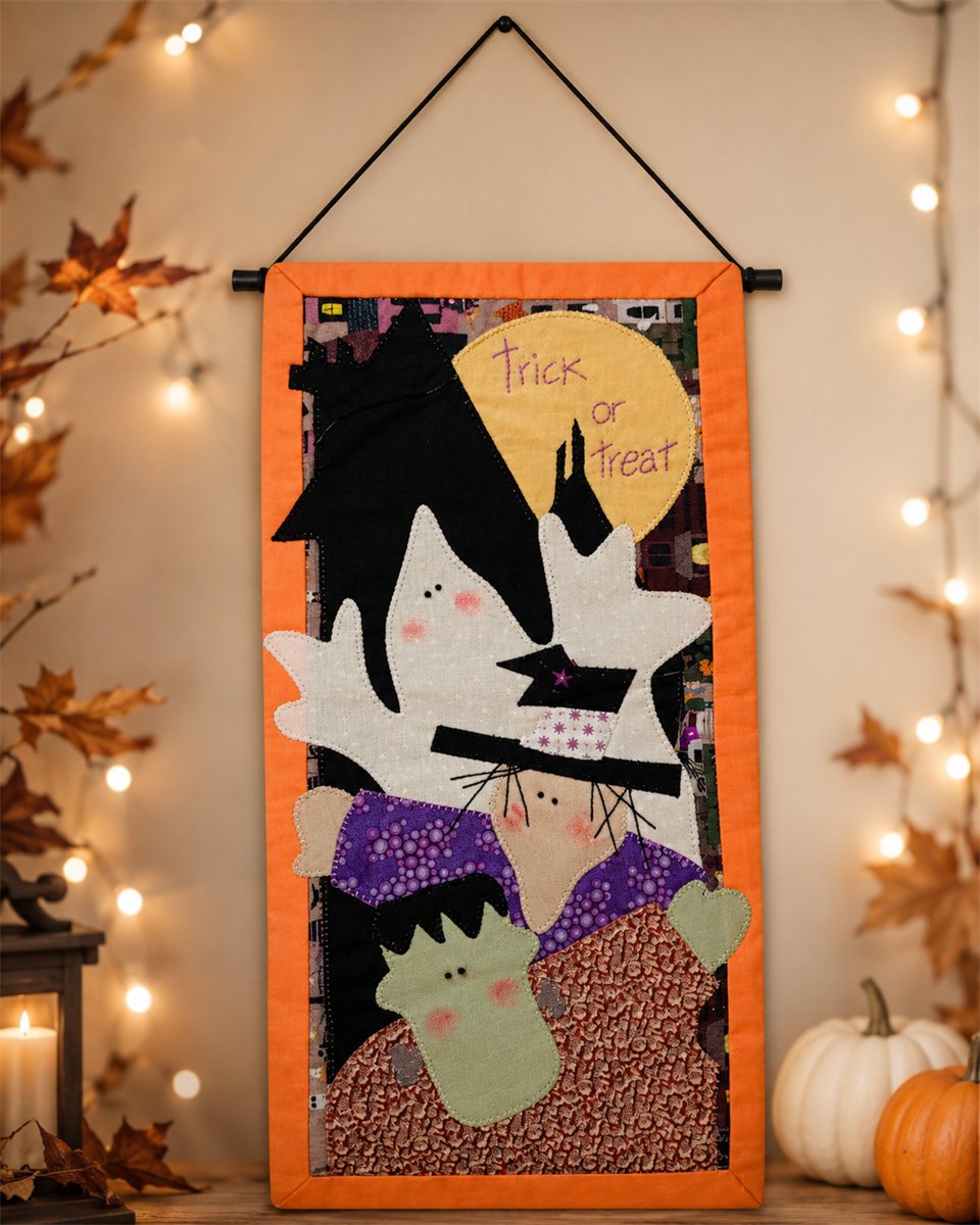 Mini quilt de Halloween con aplicación de bruja y fantasma