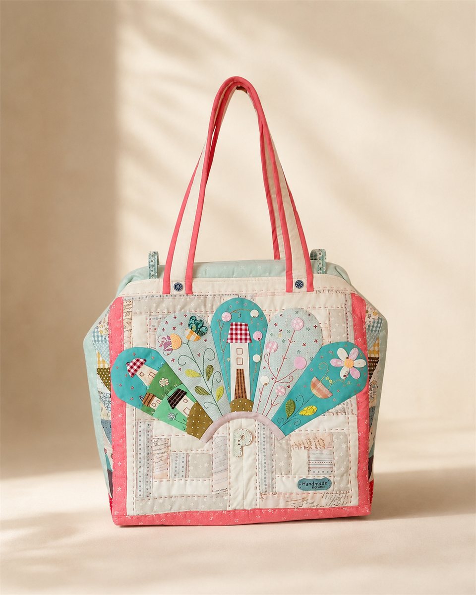 Bolso tote de patchwork en coral y menta, hecho a mano